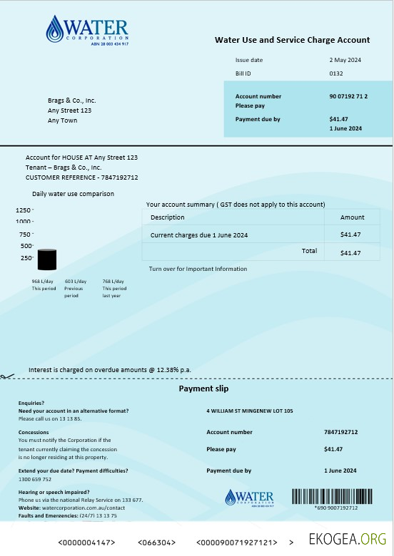 Australia Water Corporation WA Business Utility Bill Word et PDF. doc